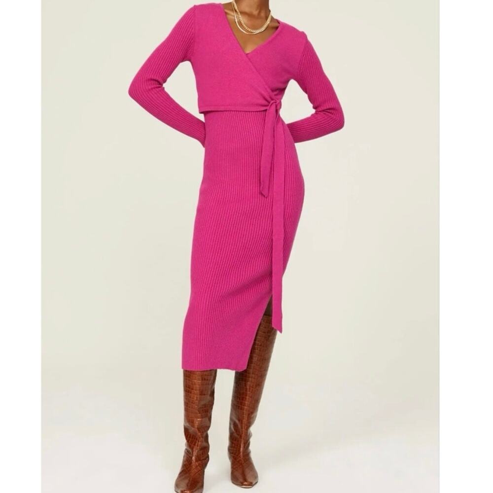 Toccin Pink ribbed knit Wrap Midi Dress XS